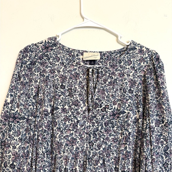2/$30 Universal Thread Floral Blouse Medium Cream Purple Blue Boho Tie Neck Top - Picture 4 of 10